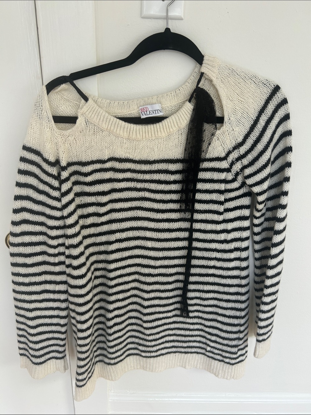 RED Valentino Cream and Black Striped Off-Shoulder Sweater